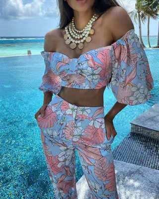 Damer Sommerligt To-delt Outfit med Off-Shoulder og floral design Stilla
