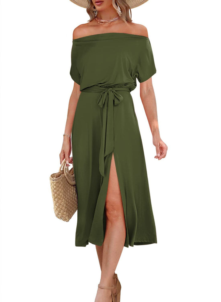 Dame elegant Midi-kjole med split og off-shoulder design Stilla