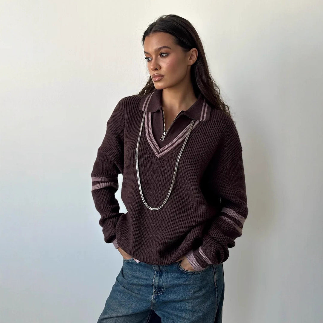Kvindernes fashionable strikket sweater med høj kvalitet lynlås og stribet design Stilla