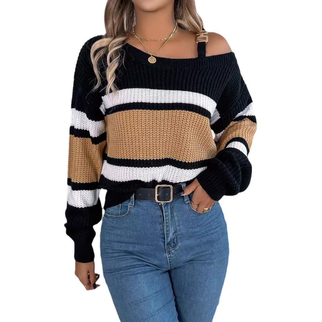 Kvinderne Off-Shoulder Sweater med Stribet Detaljer og Trendy Strop Stilla