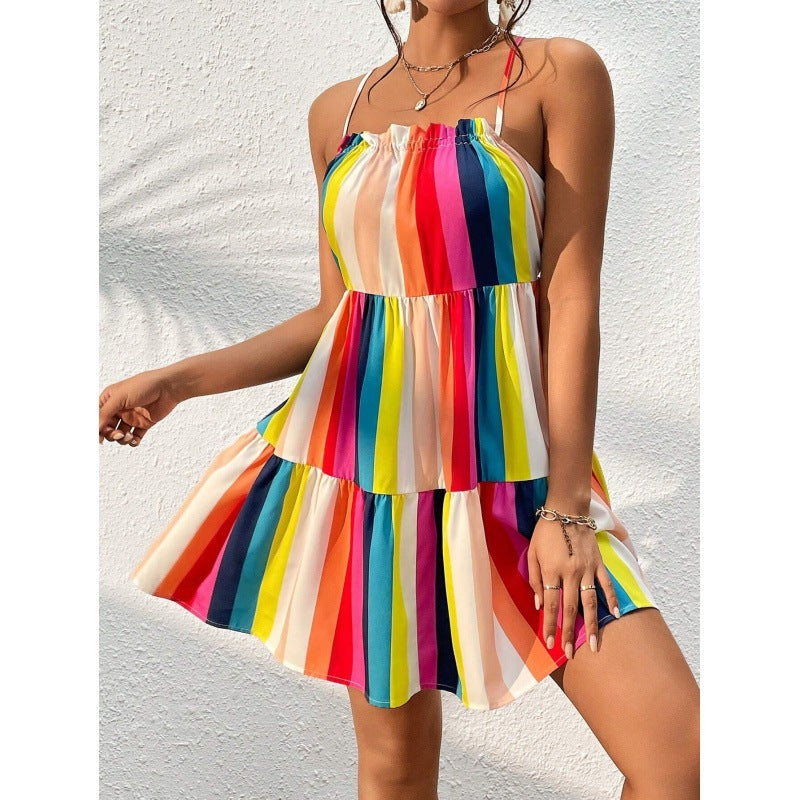 Dame luftig festkjole med farverige striber Stilla