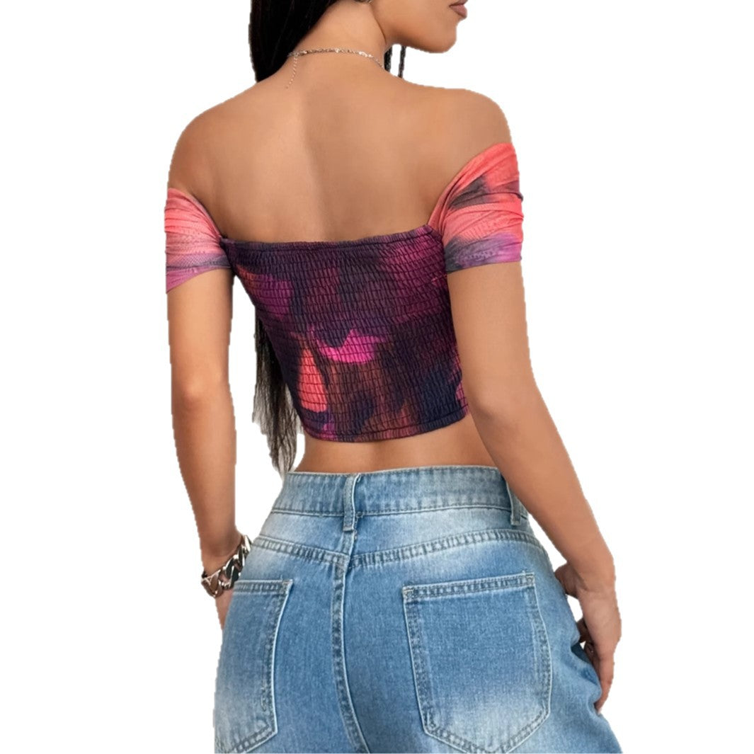 Dame Off-Shoulder Top med draperinger og blomsterdesign Skovae