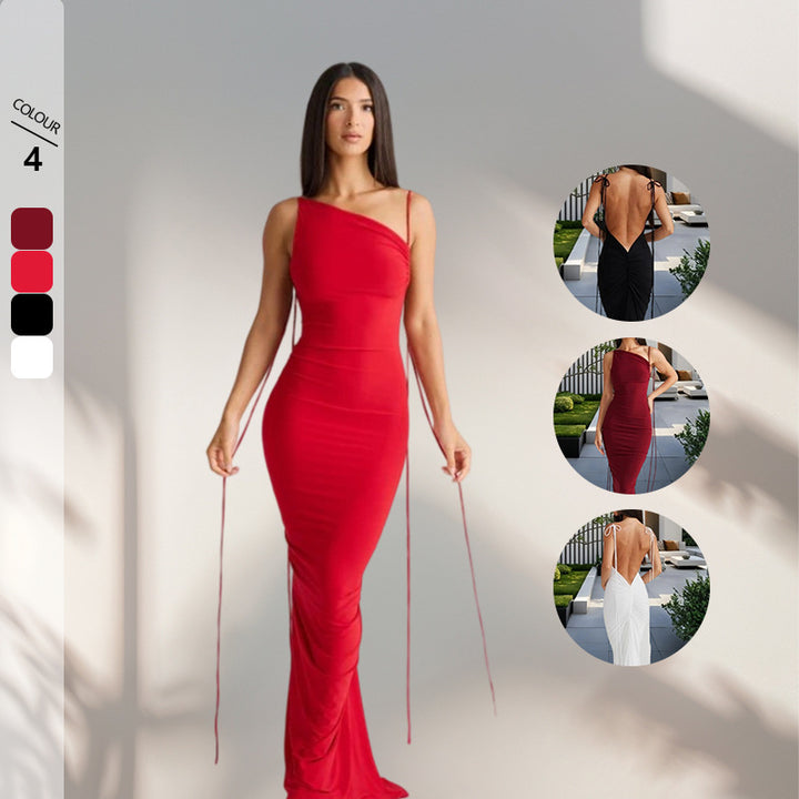 Kvinders elegante rygløse maxi kjole med raffinerede bindebånd Skovae