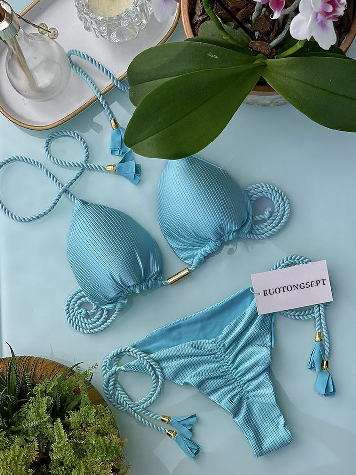 Dame triangel-bikini med moderne leopardmønster og dekorative frynser Skovae