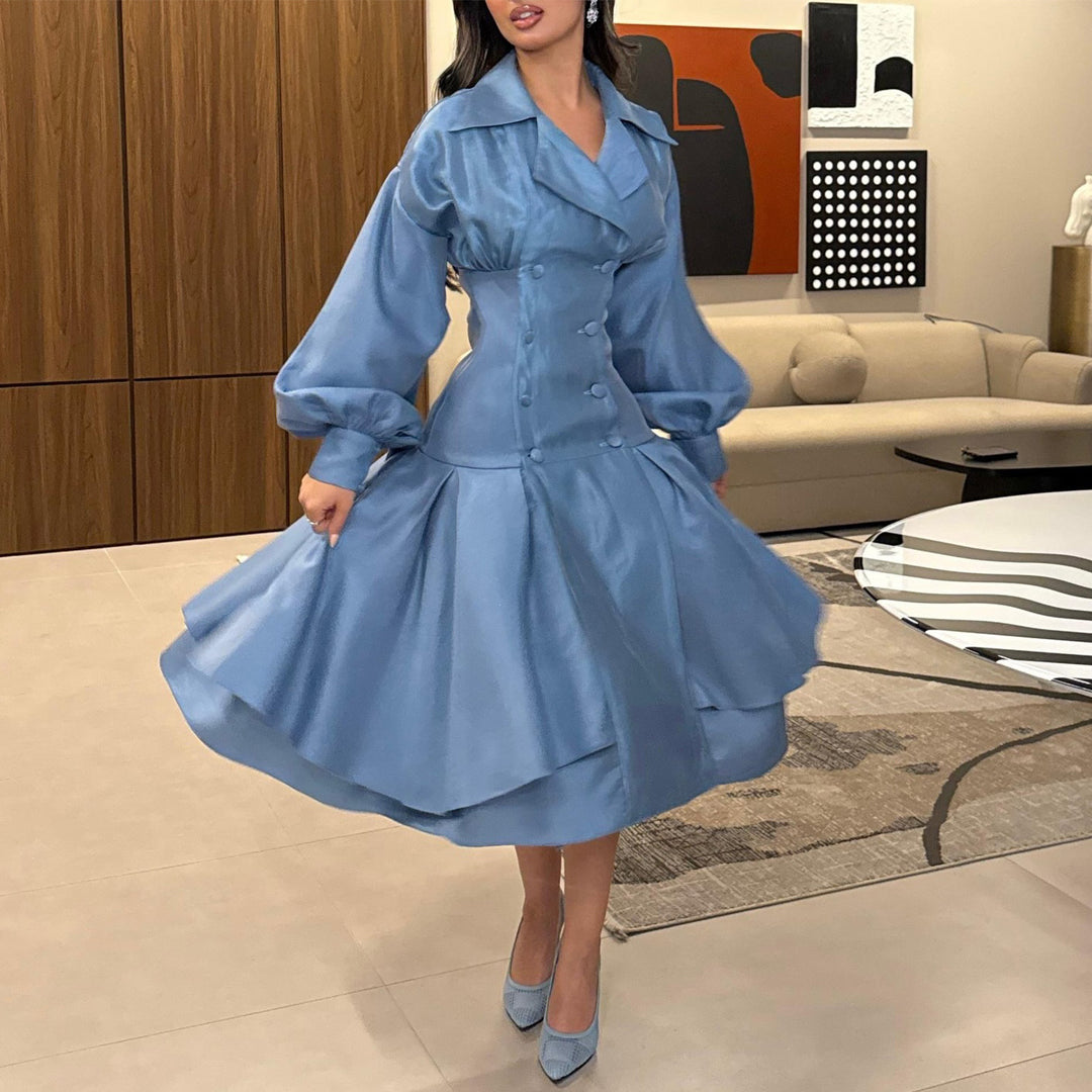 Kvinders vintage-inspirerede A-linje kjole med elegante puffærmer og knaplukning Skovae