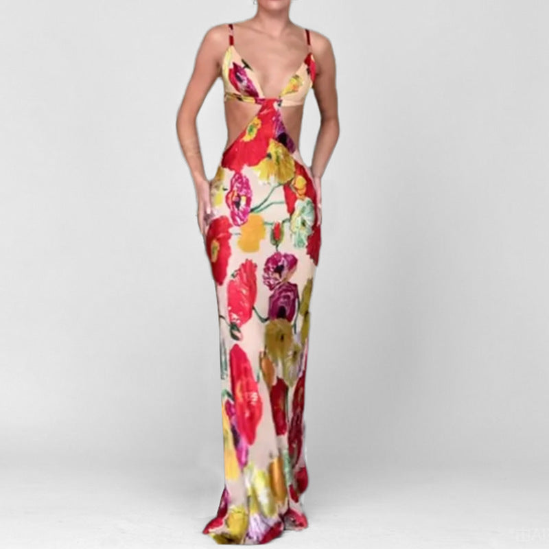 Dame Cut-Out Maxikjole med floralt design og raffinerede stropper Stilla