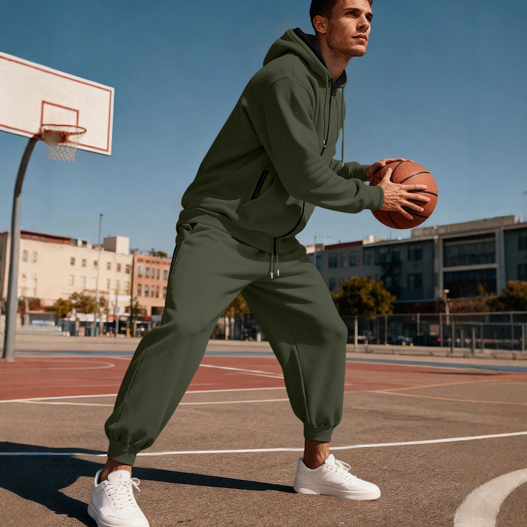 Herren nan hoodie sæt med gennemgående lynlås, kengurutaske og konisk joggingbukser med lynlåslommer Skovae