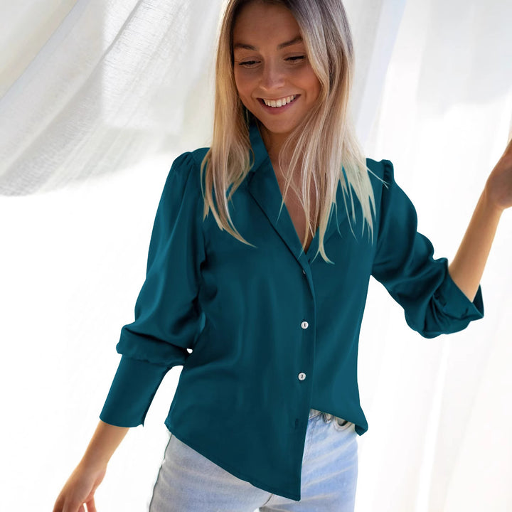 Dame Elegant Silketop med dyb V-hals og klassisk krave Stilla