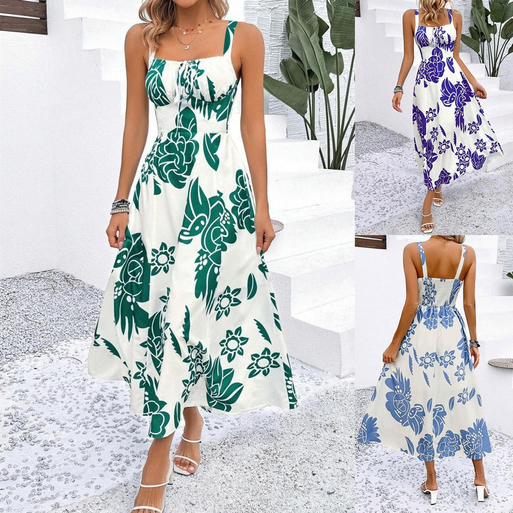 Dame sommermaxikjole med blomsterdesign og elegant bånd Stilla