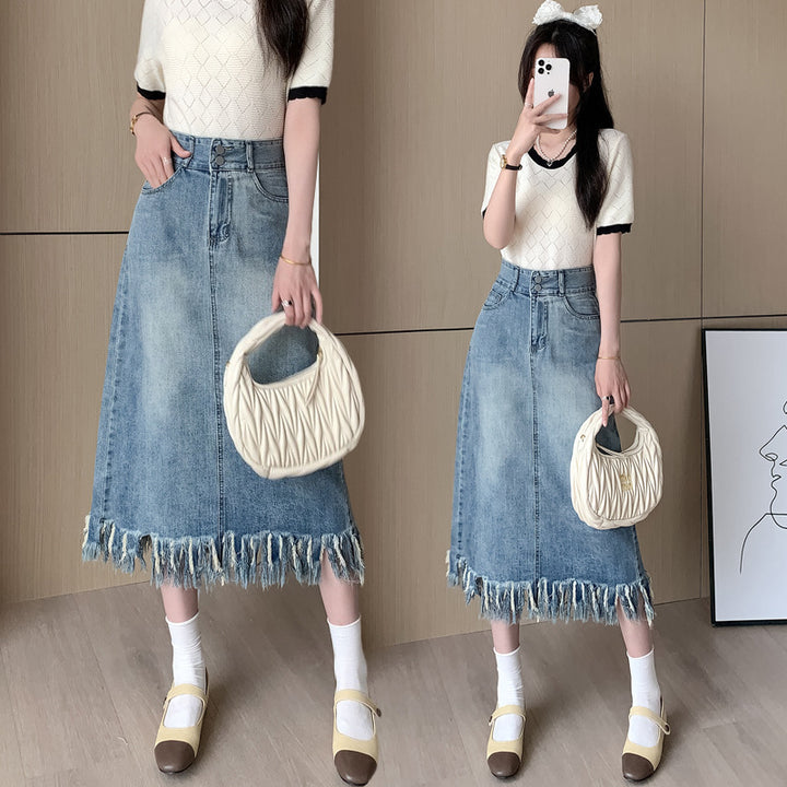 Kvindernes denim midi nederdel med frynset nederste Stilla