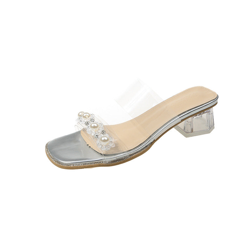 Dame Elegant Åbne Tå Mules med Perle Detaljer Stilla