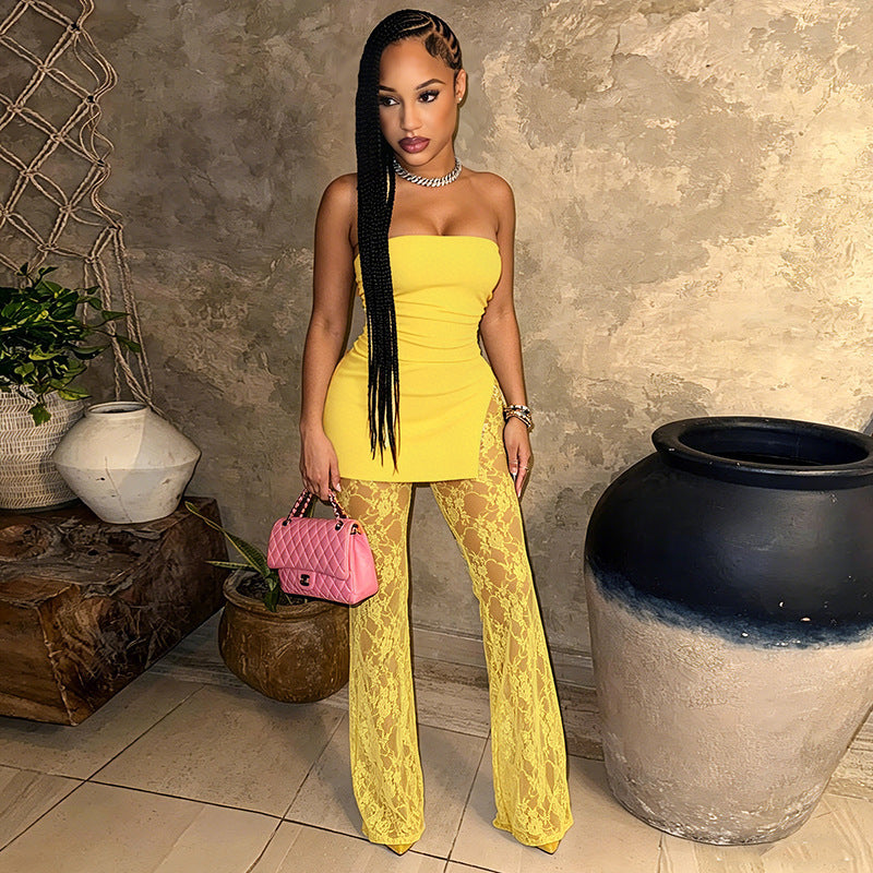 Damen Hochwertiger Jumpsuit mit Lagenlook und Spitzenakzenten Skovae