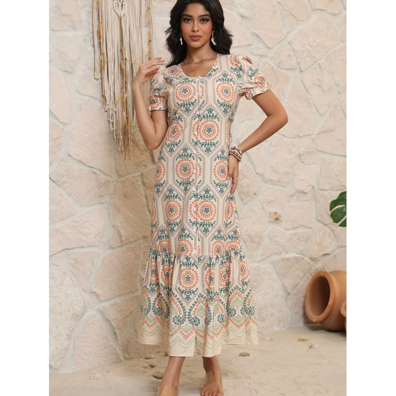 Femme Bohemian Tryk Maxi Kjole med Volangkant Stilla
