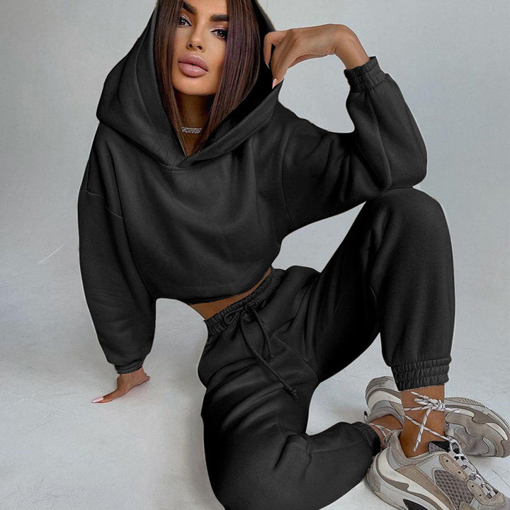 Kvinders Casual Sweat Loungewear Sæt med Croppet Hoodie og Behagelige Bukser Skovae