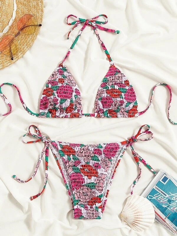 Dame Triangel-Bikini-Sæt med elastisk ruching og legende blomsterprint Stilla