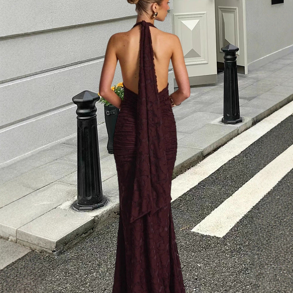 Damer Elegant Maxi Kjole med Dyb V-Hals og Volang Design