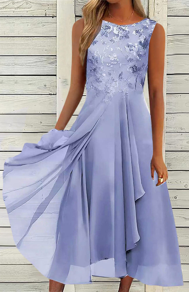 Dame uden ærmer chiffon midi kjole med broderet brystparti og asymmetrisk lag nederdel Skovae