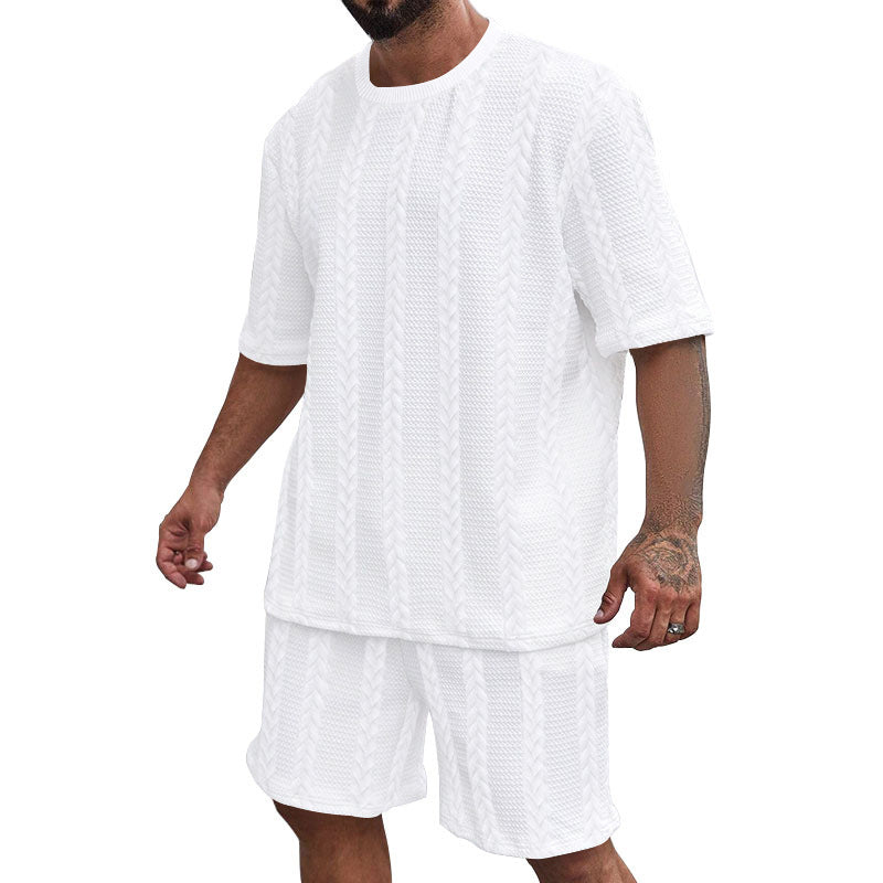Herren nan afslappet fletningstrik fritids sæt med bred kortærmet t-shirt og elastiske Bermuda shorts