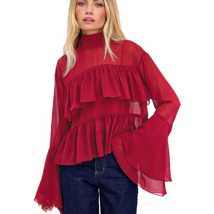 Dame chiffonbluse med voluminøse flæsedetaljer og bredt ærme Stilla