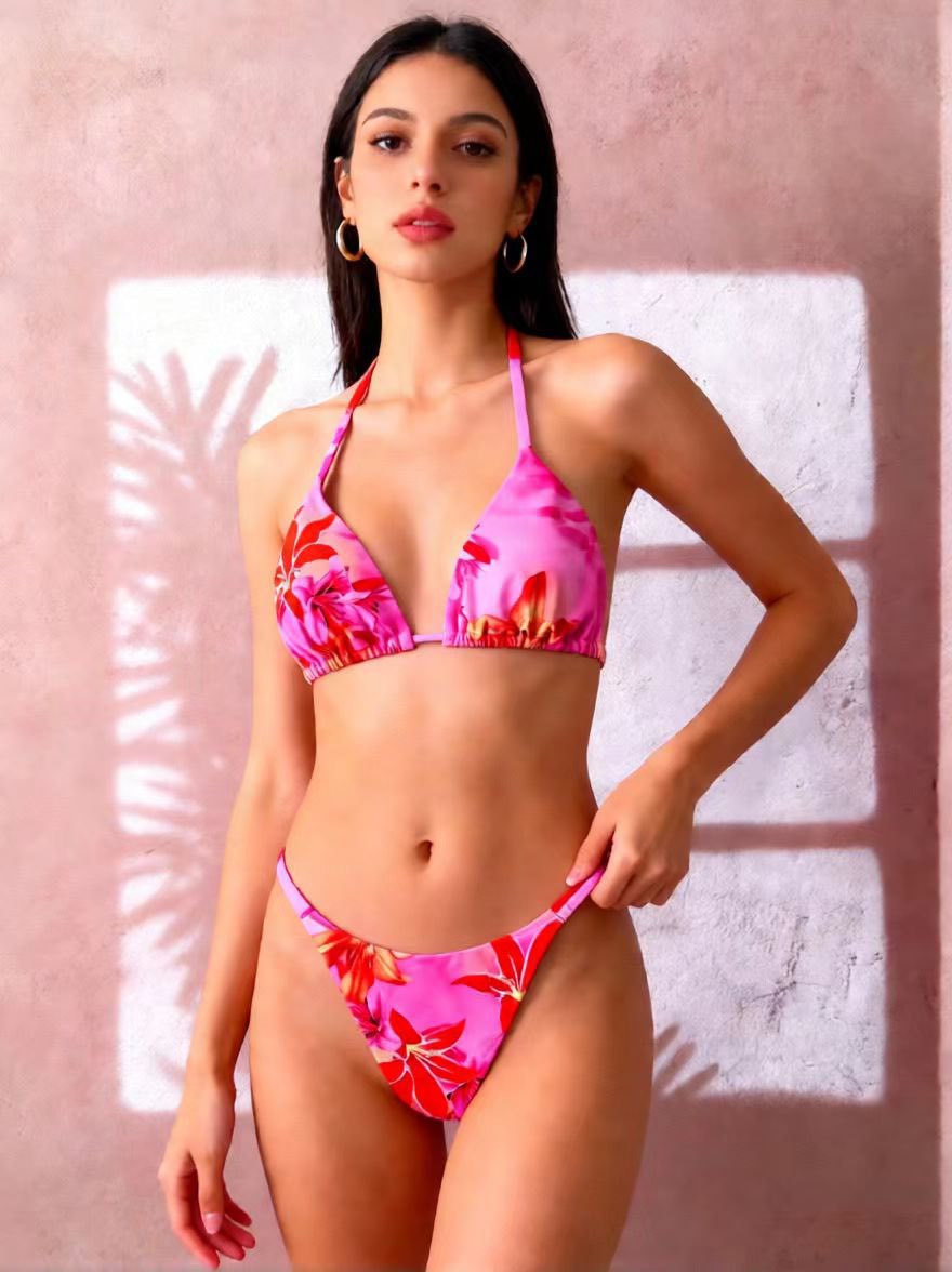 Dame triangel-bikini med blomster mønstre og justerbare bånd Skovae