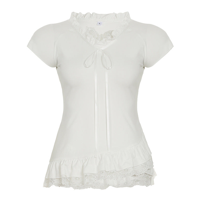 Dame elegant ruffles top med V-udskæring og dekorativt bindebånd Skovae