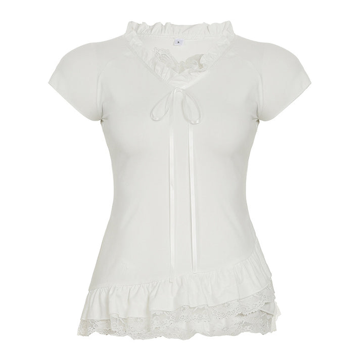 Dame elegant ruffles top med V-udskæring og dekorativt bindebånd Skovae