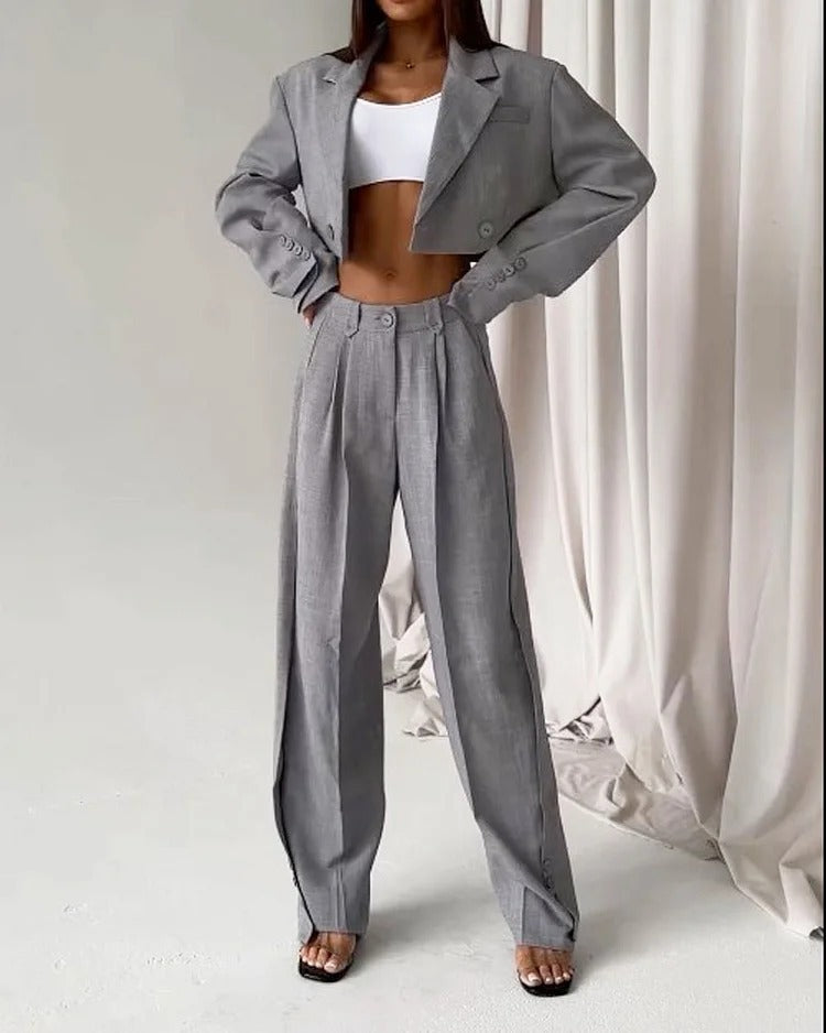 Dame Skræddersyet Cropped Blazer og Vidde-Bukser Sæt Stilla
