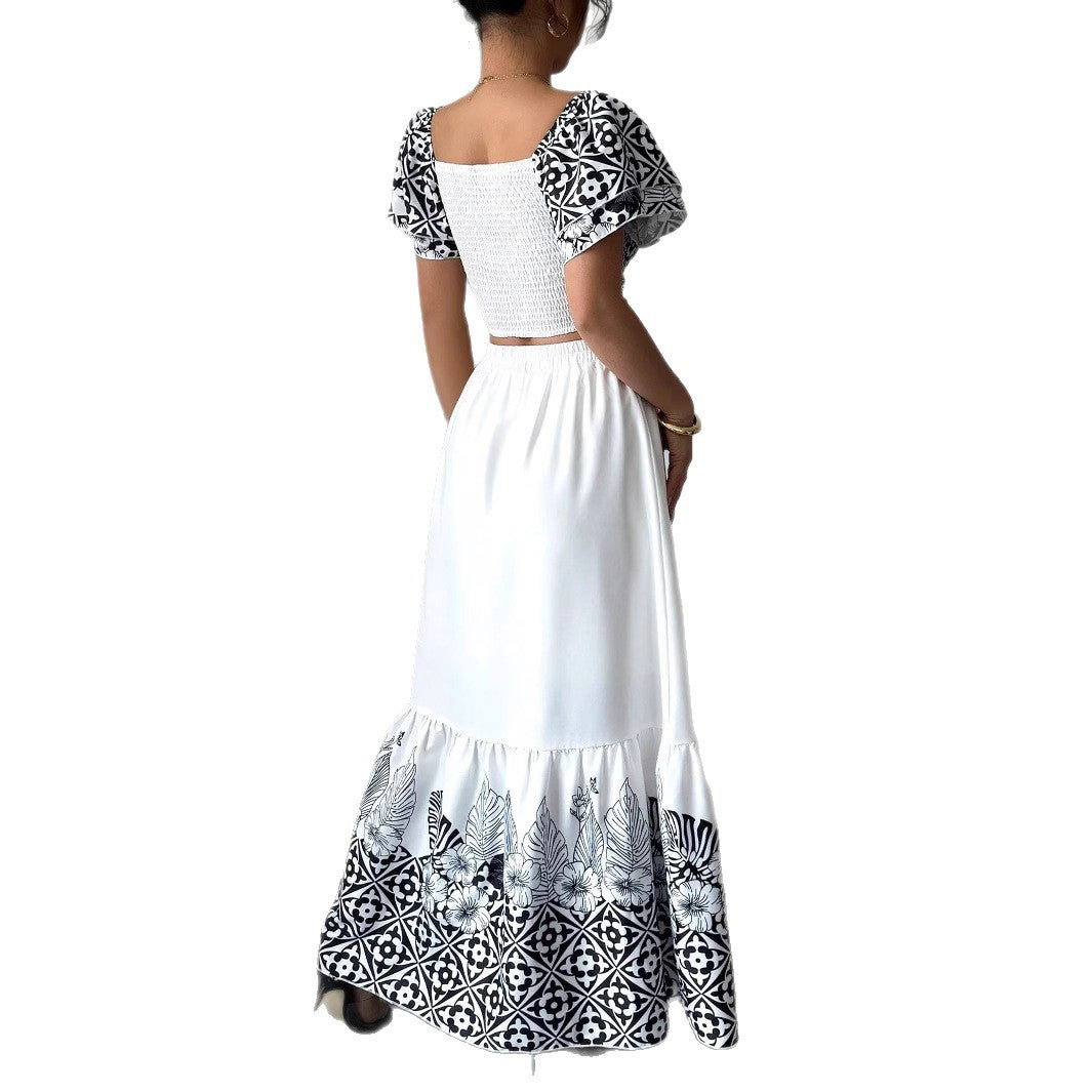 Dame Bohemian Trykt Crop Top og Maxi Skørt Sæt Stilla