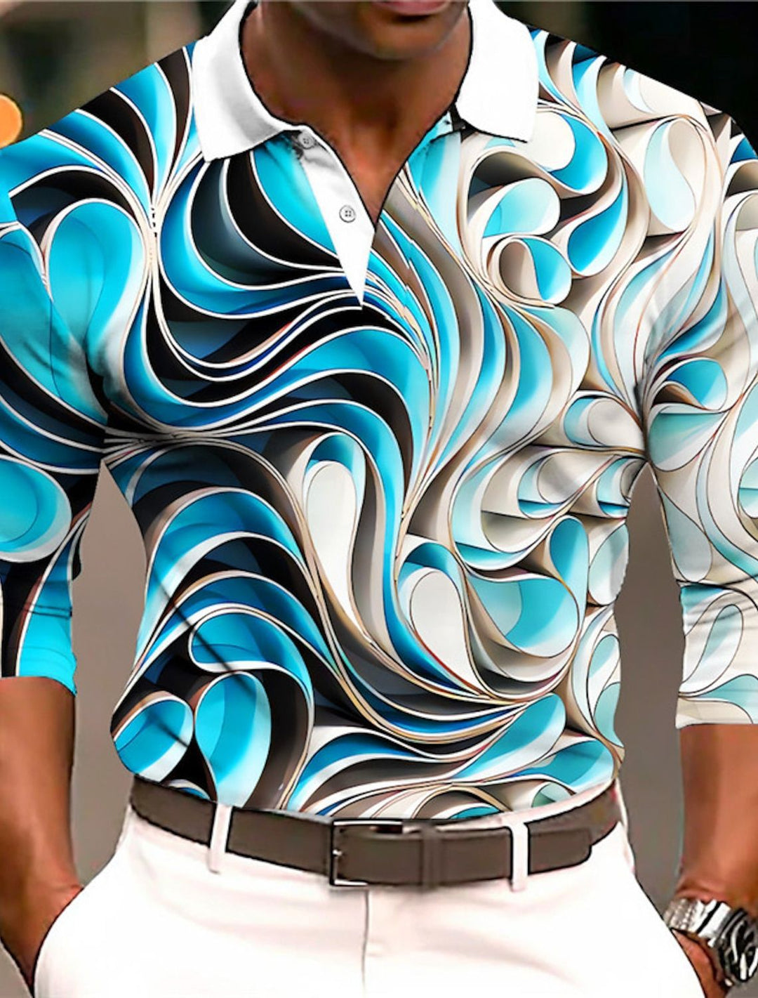 Herre kortærmet poloshirt med moderne bølgemønster og kontrasterende detaljer Stilla