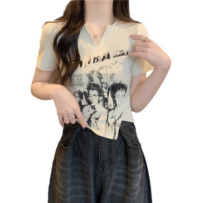 Dame Crop V-Udskæring Grafik T-Shirt med unik tryk Stilla