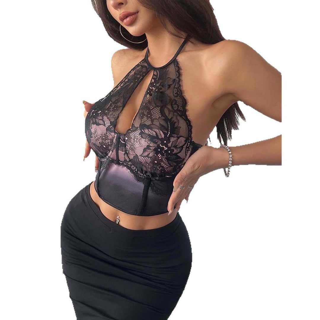 Dame Halterneck Top med transparent Lace-indlæg og Cup-design Stilla