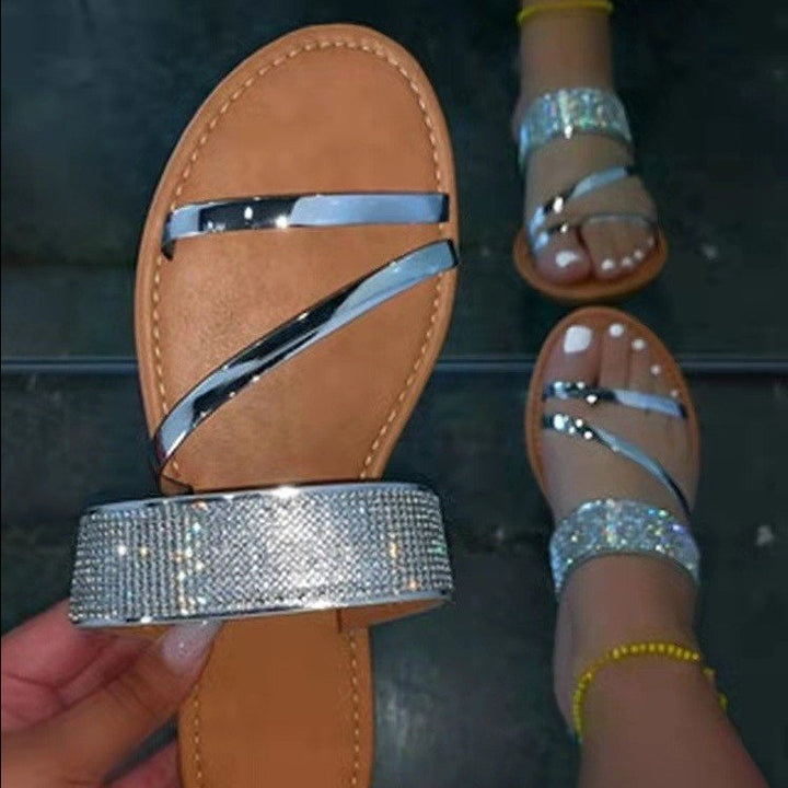 Dame sandaler med skinnende dekorativt bånd og komfortable stropper Stilla