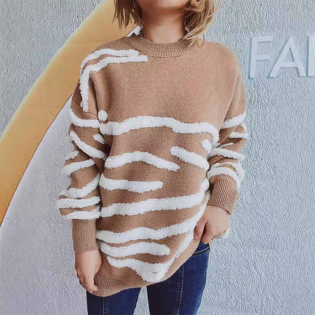 Damer hyggelig strikket sweater med tiltalende zebra-stribemønster Stilla