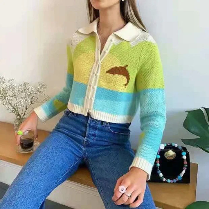 Damer trendy cardigan med sød delfin design og knap-op krave Stilla