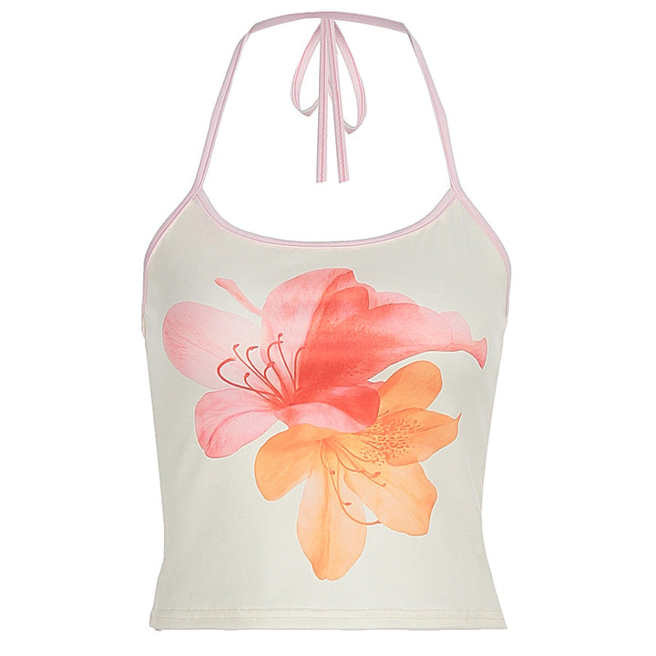 Dame Crop-Top med floralt print og halterneck Skovae
