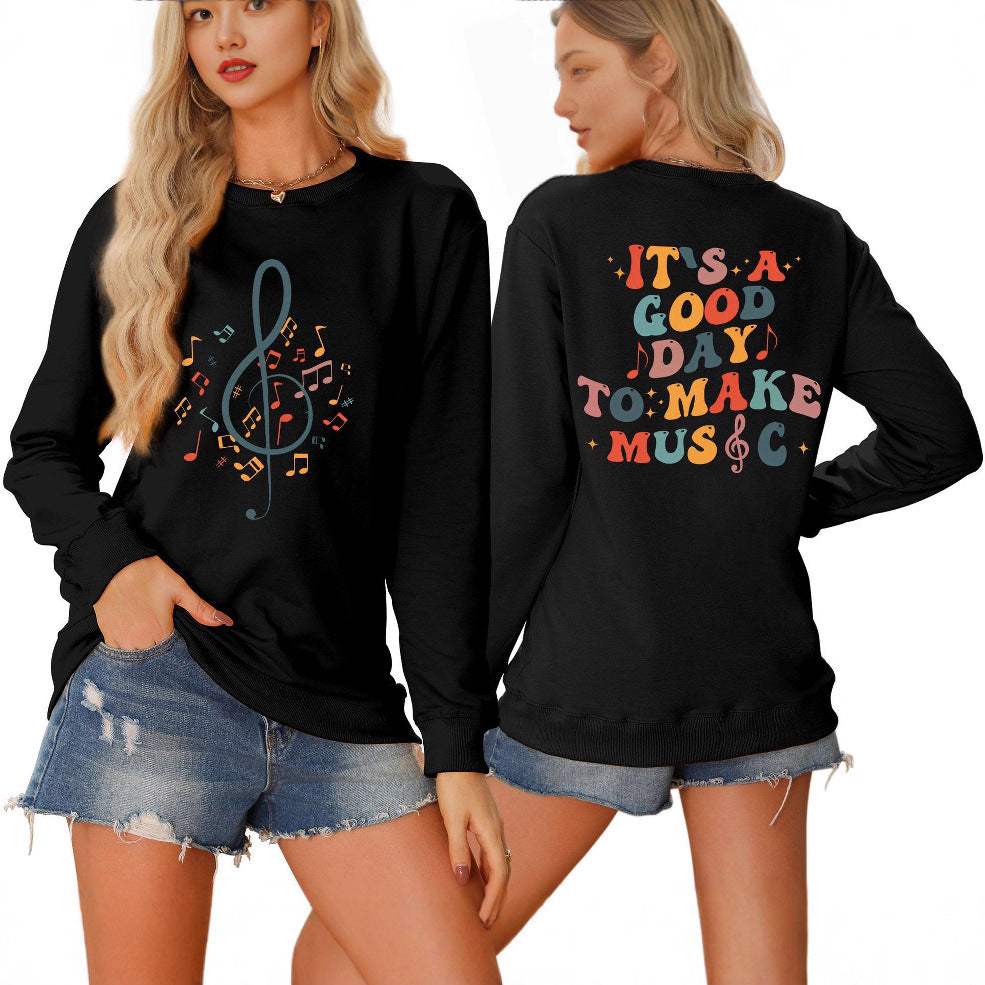 Damer sweatshirt med musikalsk motiv og kreativ tekst Stilla