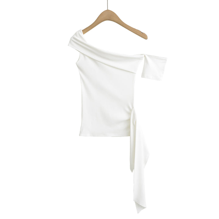 Damer elegant Off-Shoulder overdel med svingende kant og moderne bindebælte Stilla