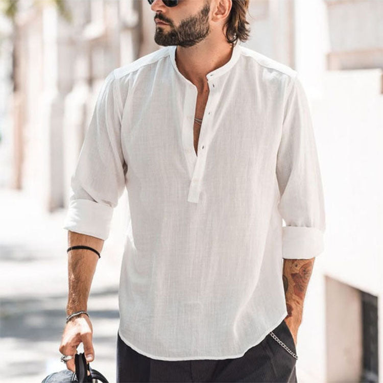 Herremodern langærmet skjorte med moderne Henley-udskæring og funktionelt design Stilla