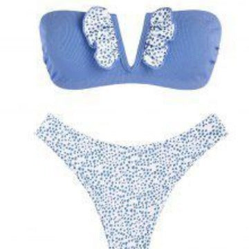 Dame bandeau-bikini med floralt ruffle-detalje og højt benudskæring Stilla