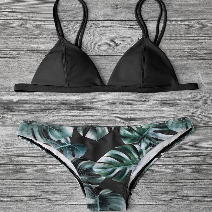 Dame triangel-bikini med trendy bladmønster Skovae