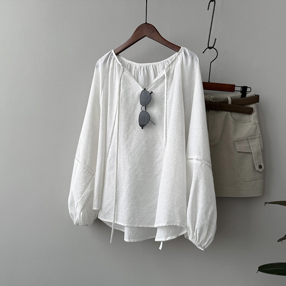 Dame casual oversized bluse med elegante pufærmer og V-udskæring Stilla