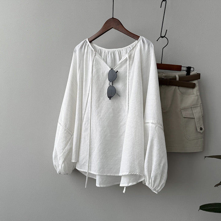Dame casual oversized bluse med elegante pufærmer og V-udskæring Stilla