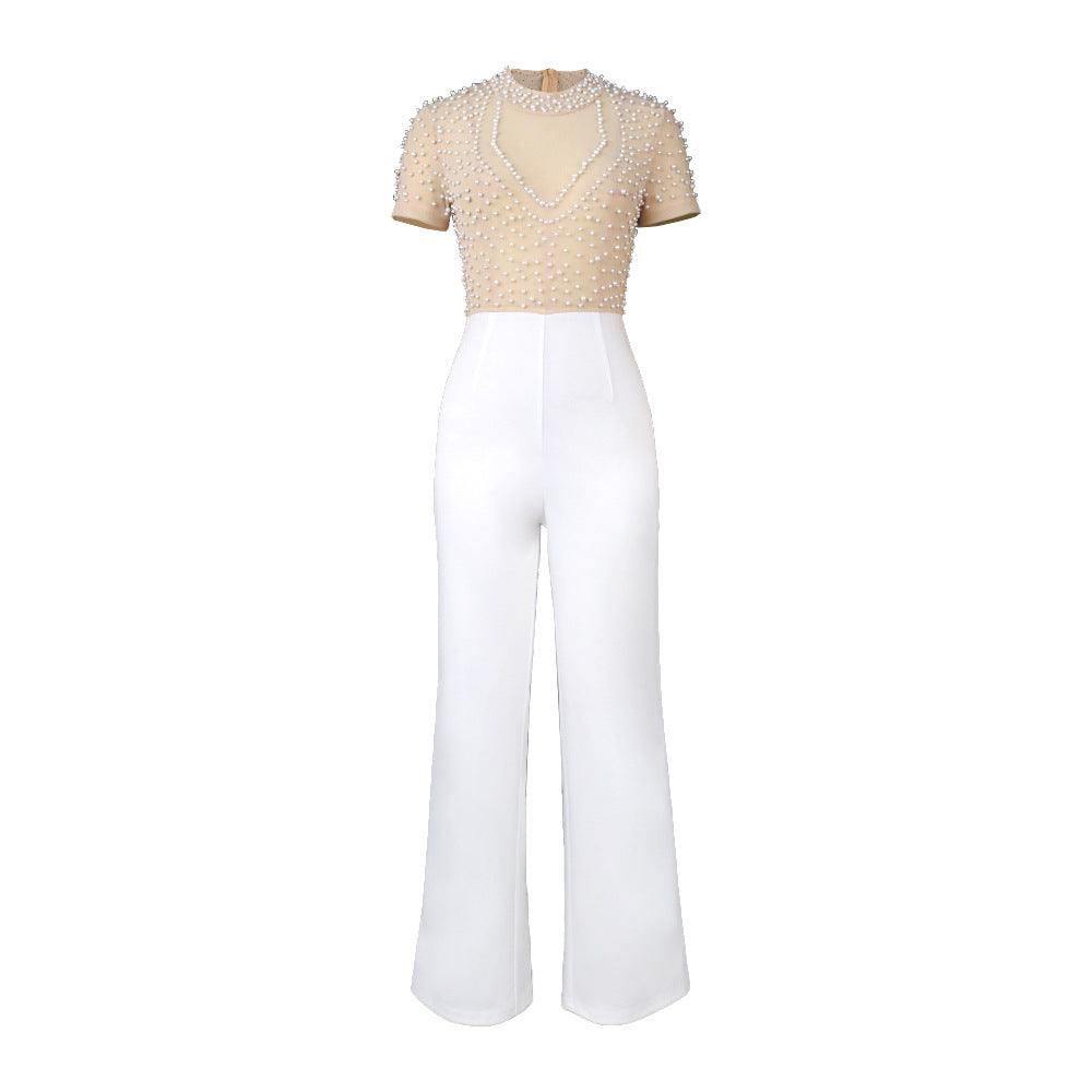 Dame elegant jumpsuit med glitrende perlebesætning Skovae