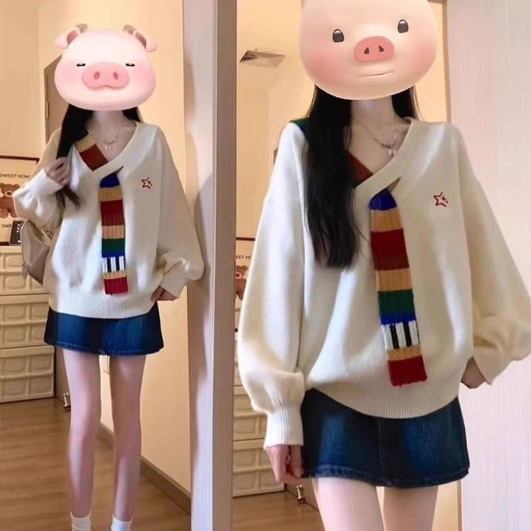 Kvinders stilfulde sweater med V-hals og farverige striber Stilla