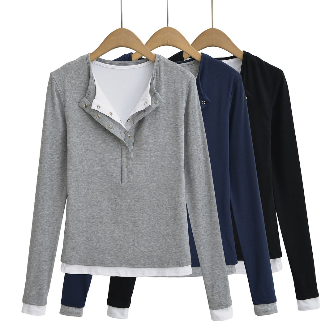 Dame langærmet Henley-shirt med fashionable knapdetaljer og elegant snit Stilla
