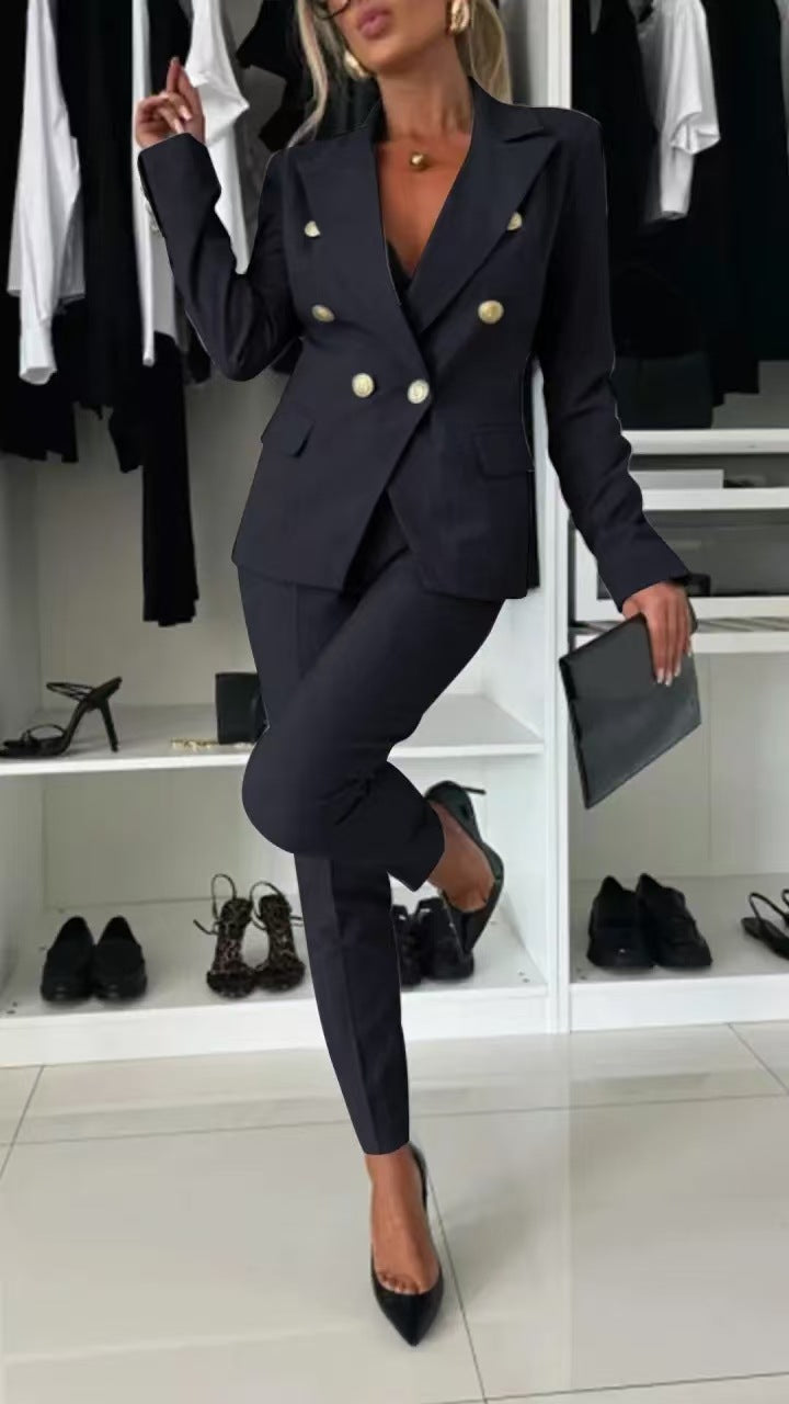 Dame elegant blazer-dragt-sæt med dobbeltradet blazer og smalt skårne bukser Stilla
