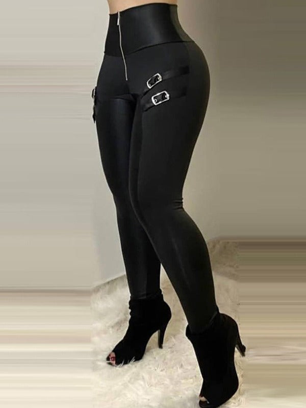 Dame High-Waist Leggings med stilige spænder og glitrende finish Stilla