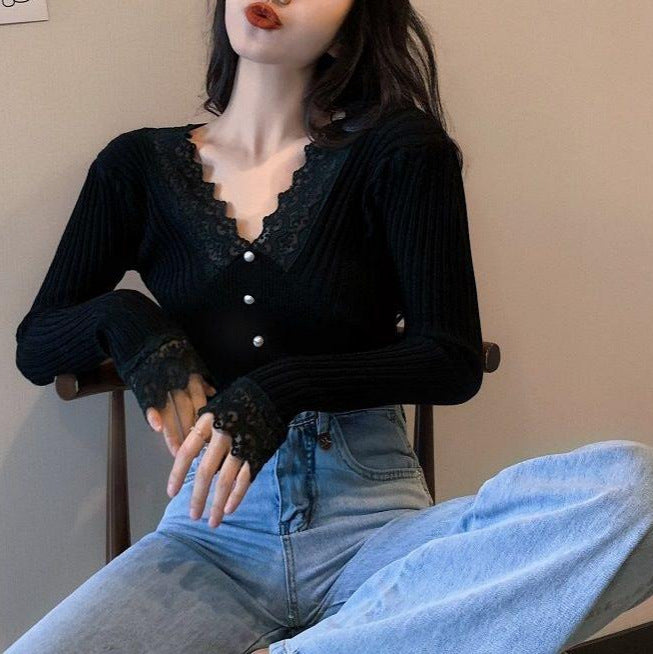 Dame Langærmet Sweater med Blonder Detaljer Stilla