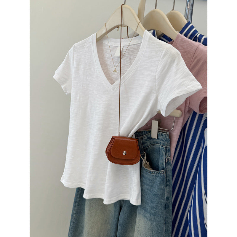Dame Relaxed V-udskæring Slub T-shirt Stilla
