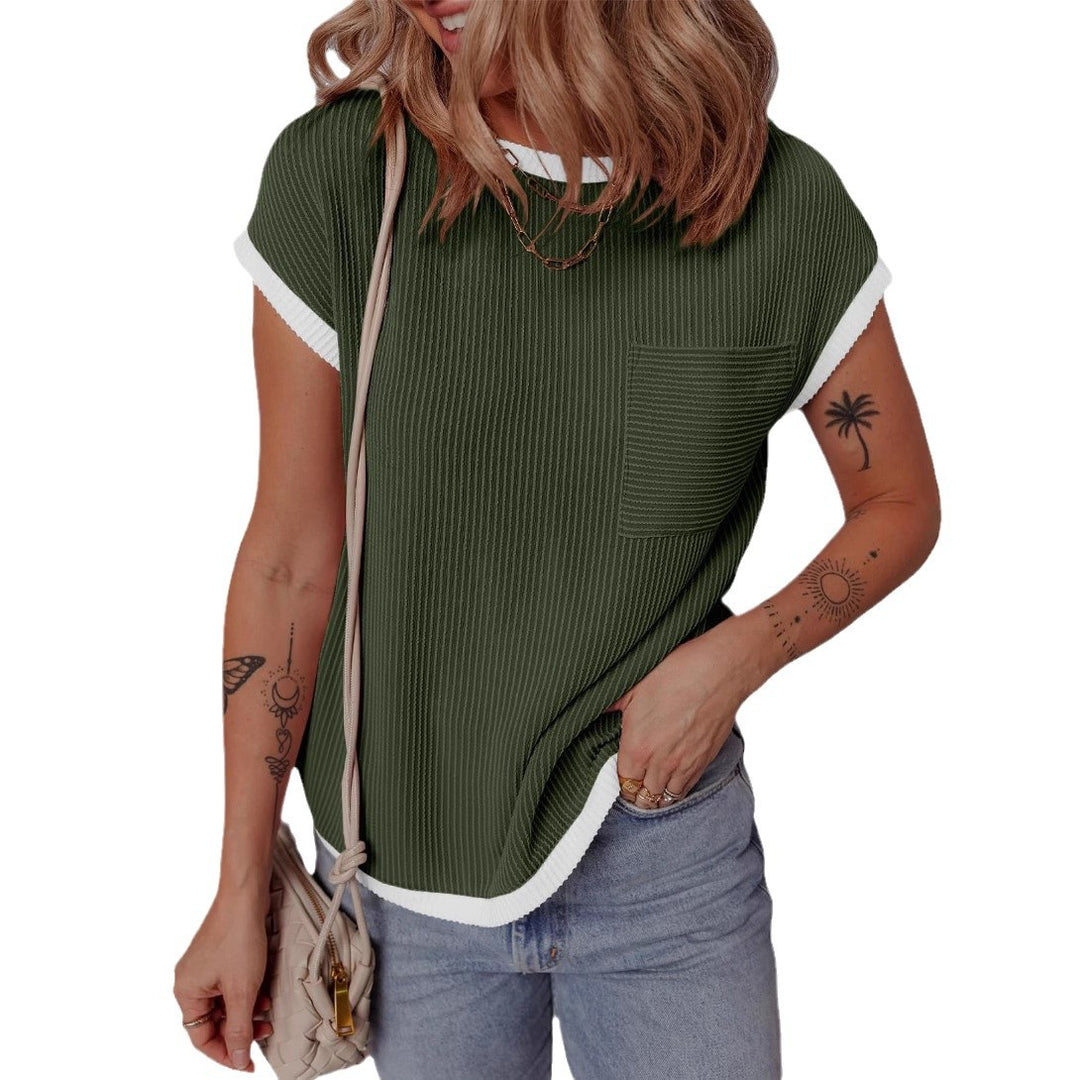 Dame fashion T-shirt med struktureret materiale og brystlomme Skovae